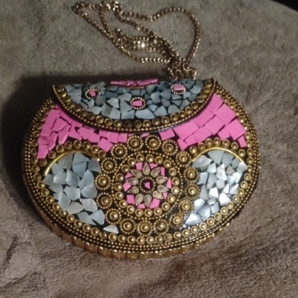 Ramla Pink and Gold Mosaic Clutch